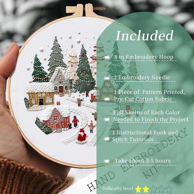 FONNUY Crewel Christmas Embroidery Kit for Beginners, Cross Stitch Set Winter Snow Scene Pine Owl Pattern for Adults, Easy to Follow Color Thread Needlework, 8'' Hoop (Snow Village) - Image 3